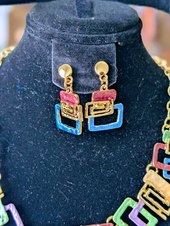 Multicolor Enamel Geometric Square Necklace and Earring Set - Gold-Tone - Picture 5 of 9